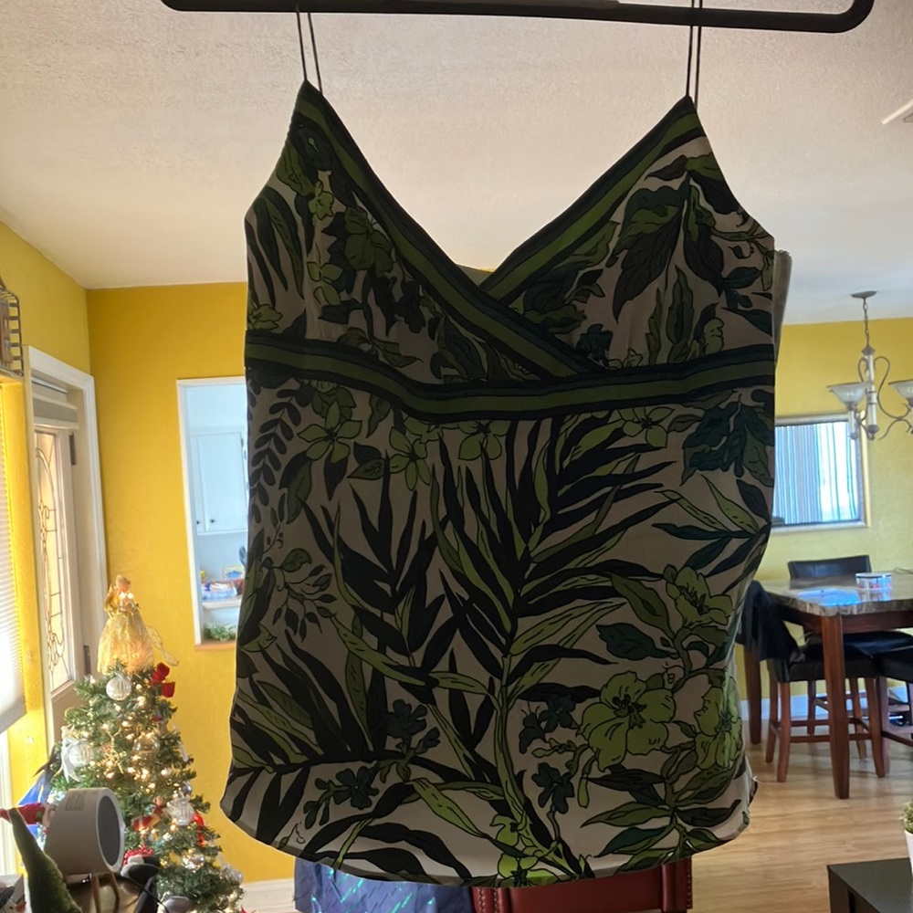 J. Crew White With Green Floral Silk Tank Top